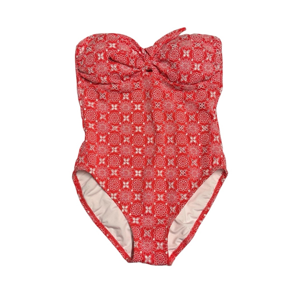 Strapless Red Patterned One-Piece Swimsuit